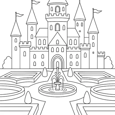 Desenho de contorno de um palácio com múltiplas torres e bandeiras, com um jardim formal à frente contendo uma fonte central e canteiros retangulares.