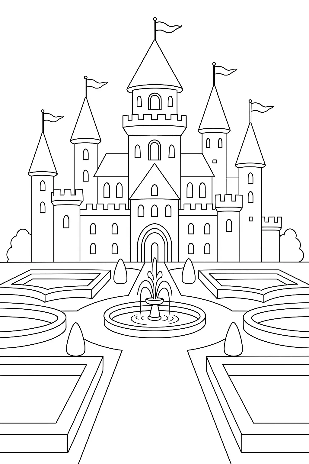 Desenho de contorno de um palácio com múltiplas torres e bandeiras, com um jardim formal à frente contendo uma fonte central e canteiros retangulares.