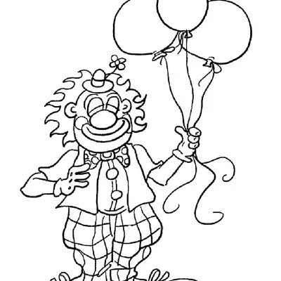 Desenho de contorno de um palhaço em pé, sorrindo de olhos fechados, segurando três balões, vestindo colete, gravata borboleta e calça xadrez.