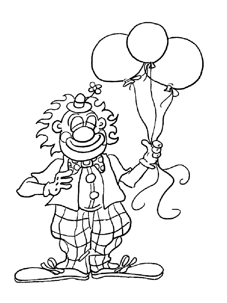 Desenho de contorno de um palhaço em pé, sorrindo de olhos fechados, segurando três balões, vestindo colete, gravata borboleta e calça xadrez.