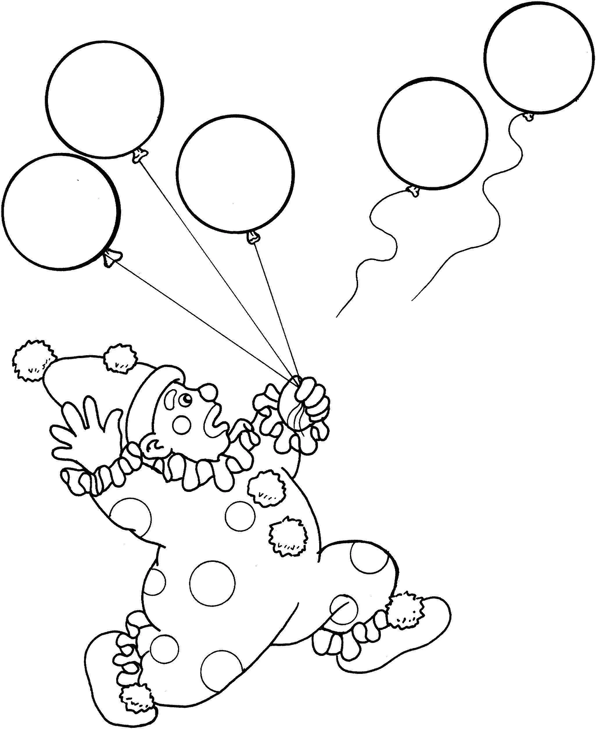 Desenho de contorno de um palhaço com roupa de bolinhas e pompons, segurando três balões que o levantam do chão, com mais dois balões voando ao lado.