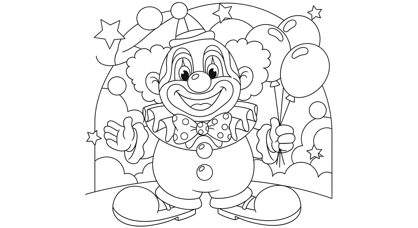 Desenho de contorno de um palhaço sorridente com cabelos cacheados, segurando balões, usando gravata borboleta grande e sapatos enormes de palhaço.