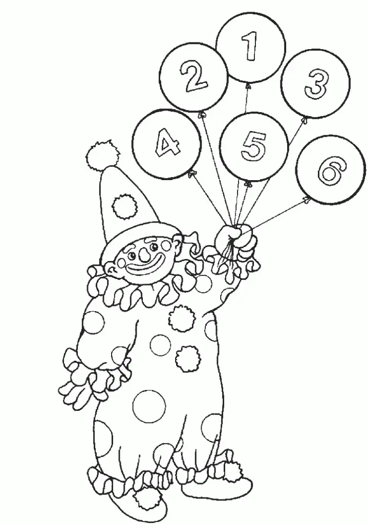 Desenho de contorno de um palhaço usando roupa de bolinhas e chapéu com pompom, segurando balões com números de 1 a 6.