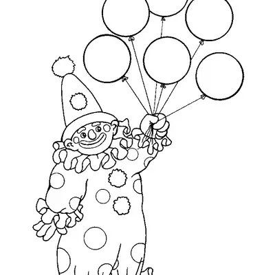 Desenho de contorno de um palhaço em pé segurando um conjunto de cinco balões, vestindo macacão com estampa de círculos e gola de babados.