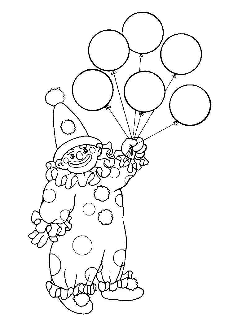 Desenho de contorno de um palhaço em pé segurando um conjunto de cinco balões, vestindo macacão com estampa de círculos e gola de babados.