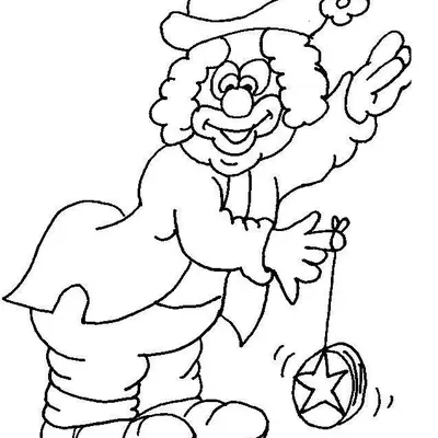 Desenho de contorno de um palhaço inclinado para frente, jogando um ioiô que tem uma estrela no centro, usando chapéu com flor e paletó.