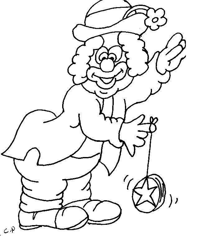 Desenho de contorno de um palhaço inclinado para frente, jogando um ioiô que tem uma estrela no centro, usando chapéu com flor e paletó.