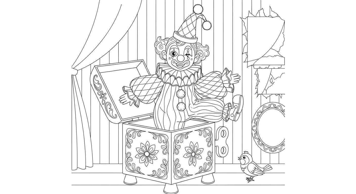 Desenho de contorno de um boneco de palhaço saindo de uma caixa de corda com flores, ao lado de um passarinho e cortinas de teatro.