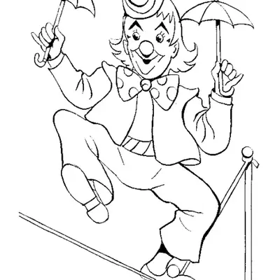 Desenho de contorno de um palhaço equilibrado em um pé só sobre uma corda, segurando um guarda-chuva em cada mão e usando gravata borboleta de bolinhas.