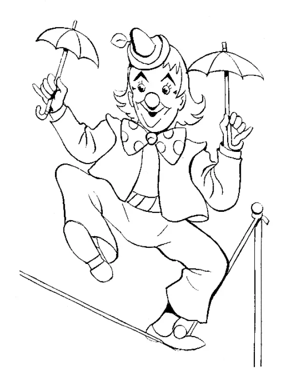 Desenho de contorno de um palhaço equilibrado em um pé só sobre uma corda, segurando um guarda-chuva em cada mão e usando gravata borboleta de bolinhas.