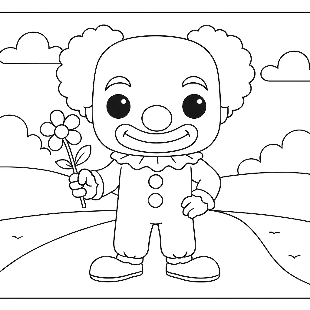 Desenho de contorno de um palhaço cabeçudo estilo boneco, segurando uma margarida, em um cenário de campo com colinas, nuvens e pássaros.