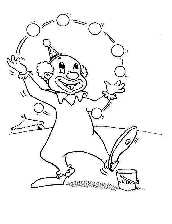 Desenho de contorno de um palhaço saltitante fazendo malabarismo com bolinhas, prestes a pisar em um balde escrito "WATER", com circo ao fundo.