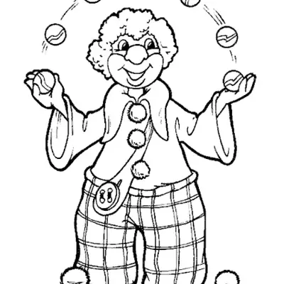 Desenho de contorno de um palhaço em pé, sorrindo, com os braços abertos fazendo malabarismo com bolinhas em arco, vestindo calça xadrez e gola grande.