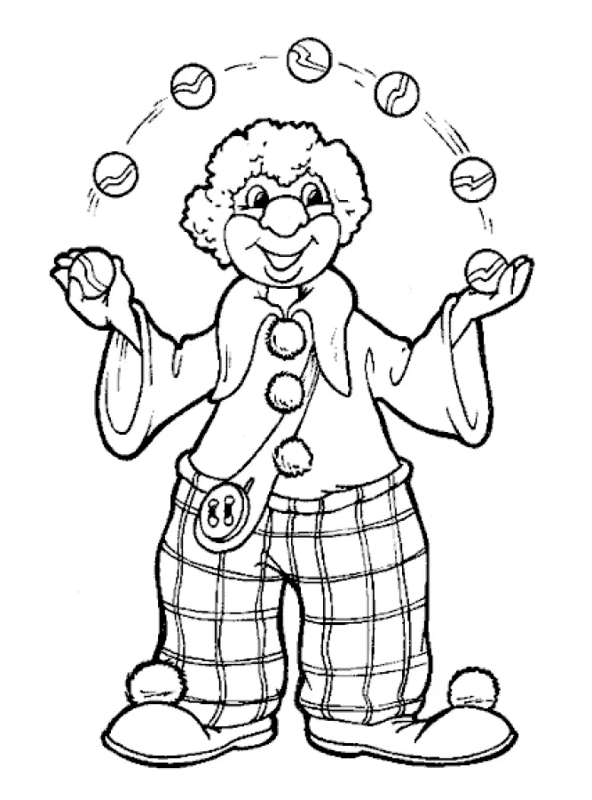 Desenho de contorno de um palhaço em pé, sorrindo, com os braços abertos fazendo malabarismo com bolinhas em arco, vestindo calça xadrez e gola grande.