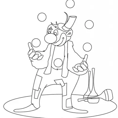 Desenho de contorno de um palhaço em pé fazendo malabarismo com quatro bolinhas, vestindo roupa com remendos e um chapéu pequeno, em um palco circular.