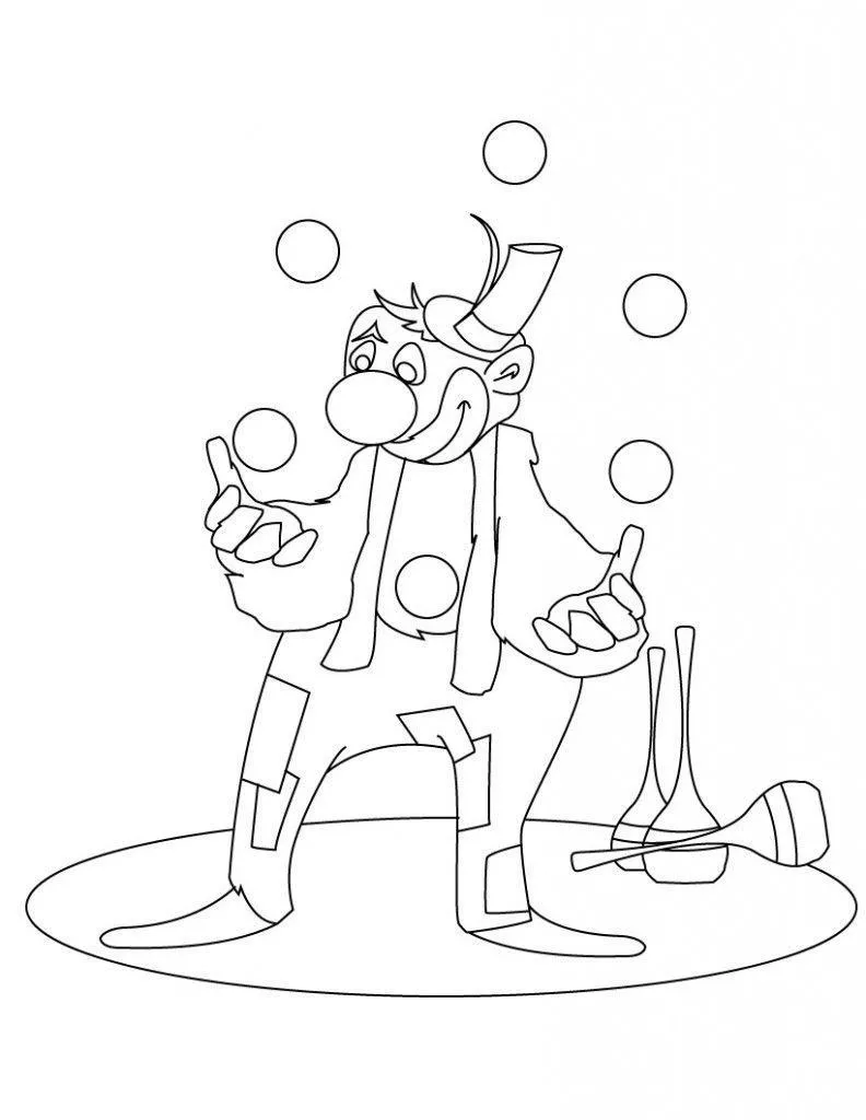 Desenho de contorno de um palhaço em pé fazendo malabarismo com quatro bolinhas, vestindo roupa com remendos e um chapéu pequeno, em um palco circular.