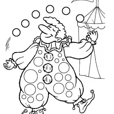 Desenho de contorno de um palhaço sorridente de perfil fazendo malabarismo, vestindo roupa de bolinhas e pompons, com tenda de circo e sol ao fundo.