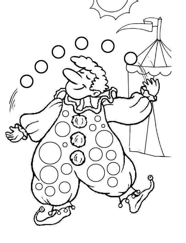 Desenho de contorno de um palhaço sorridente de perfil fazendo malabarismo, vestindo roupa de bolinhas e pompons, com tenda de circo e sol ao fundo.