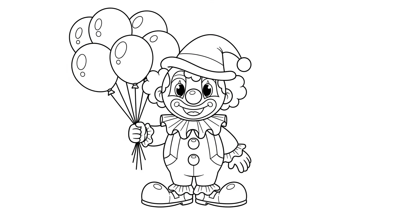 Desenho de contorno de um palhaço criança sorrindo, segurando um conjunto de balões, vestindo fantasia com suspensórios e sapatos redondos.