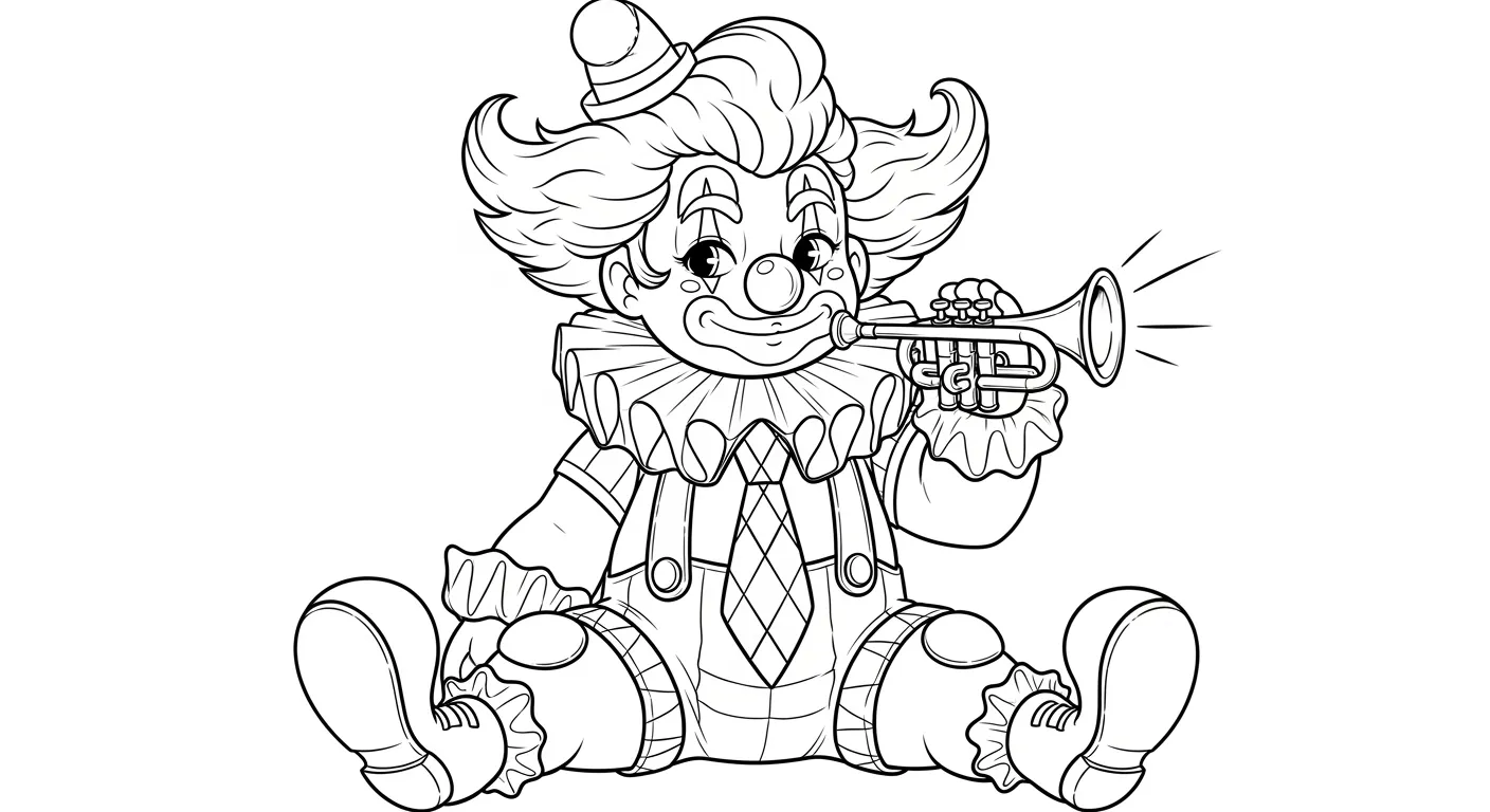 Desenho de contorno de um palhaço sentado tocando um instrumento de sopro (trompete), com cabelos volumosos, gravata xadrez e sapatos de palhaço.