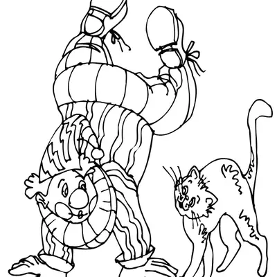 Desenho de contorno de um palhaço de cabeça para baixo, apoiado nas mãos, usando roupa listrada e chapéu pontudo, ao lado de um gato arrepiado.