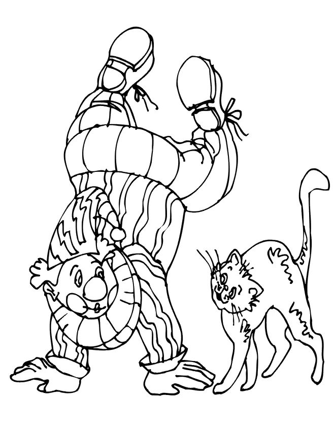 Desenho de contorno de um palhaço de cabeça para baixo, apoiado nas mãos, usando roupa listrada e chapéu pontudo, ao lado de um gato arrepiado.