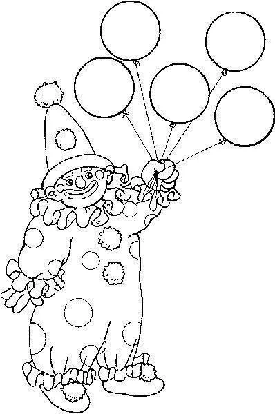 Desenho de contorno de um palhaço em pé, usando macacão de bolinhas e pompons, segurando cinco balões redondos em uma das mãos.