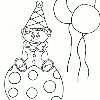 Desenho de contorno de um palhaço pequeno com chapéu de cone sentado sobre uma bola grande com círculos, com três balões ao lado.
