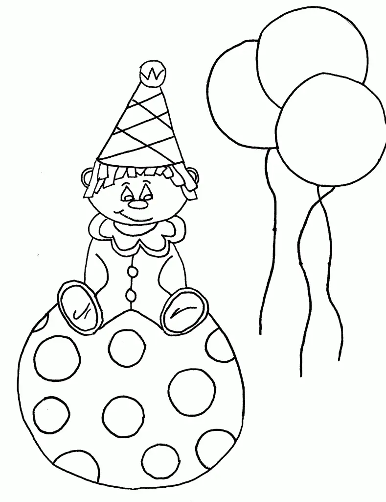 Desenho de contorno de um palhaço pequeno com chapéu de cone sentado sobre uma bola grande com círculos, com três balões ao lado.