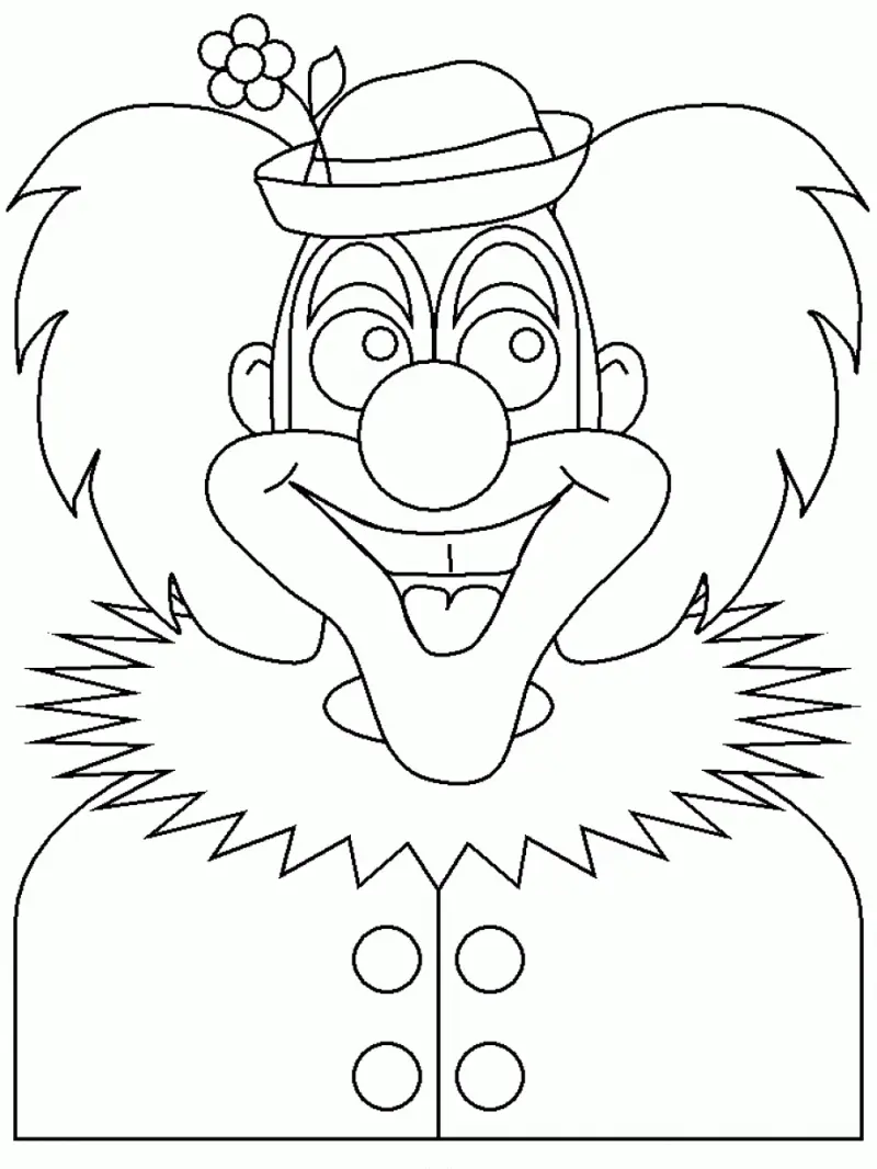 Desenho de contorno do busto de um palhaço sorridente com gola de folhos espetados, botões grandes e uma flor no chapéu.