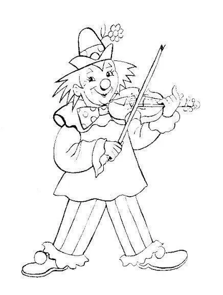 Desenho de contorno de um palhaço em pé tocando violino, usando chapéu com flor, gravata borboleta de bolinhas e calça listrada.