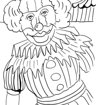 Desenho de contorno de um palhaço clássico com pintura facial, usando uma gola de babados exagerada e traje listrado, com uma tenda de circo e sol ao fundo.
