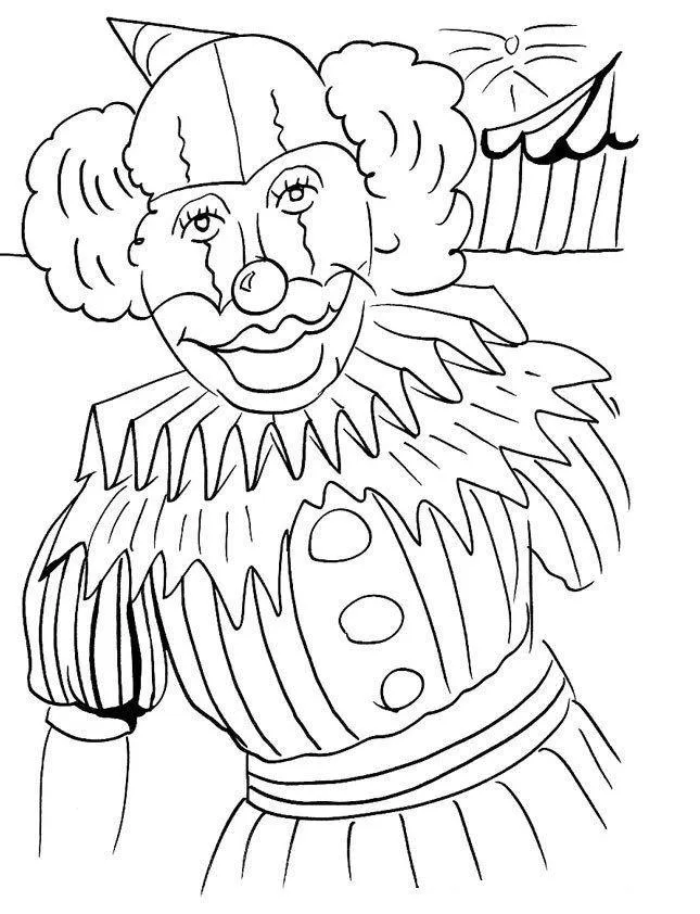 Desenho de contorno de um palhaço clássico com pintura facial, usando uma gola de babados exagerada e traje listrado, com uma tenda de circo e sol ao fundo.