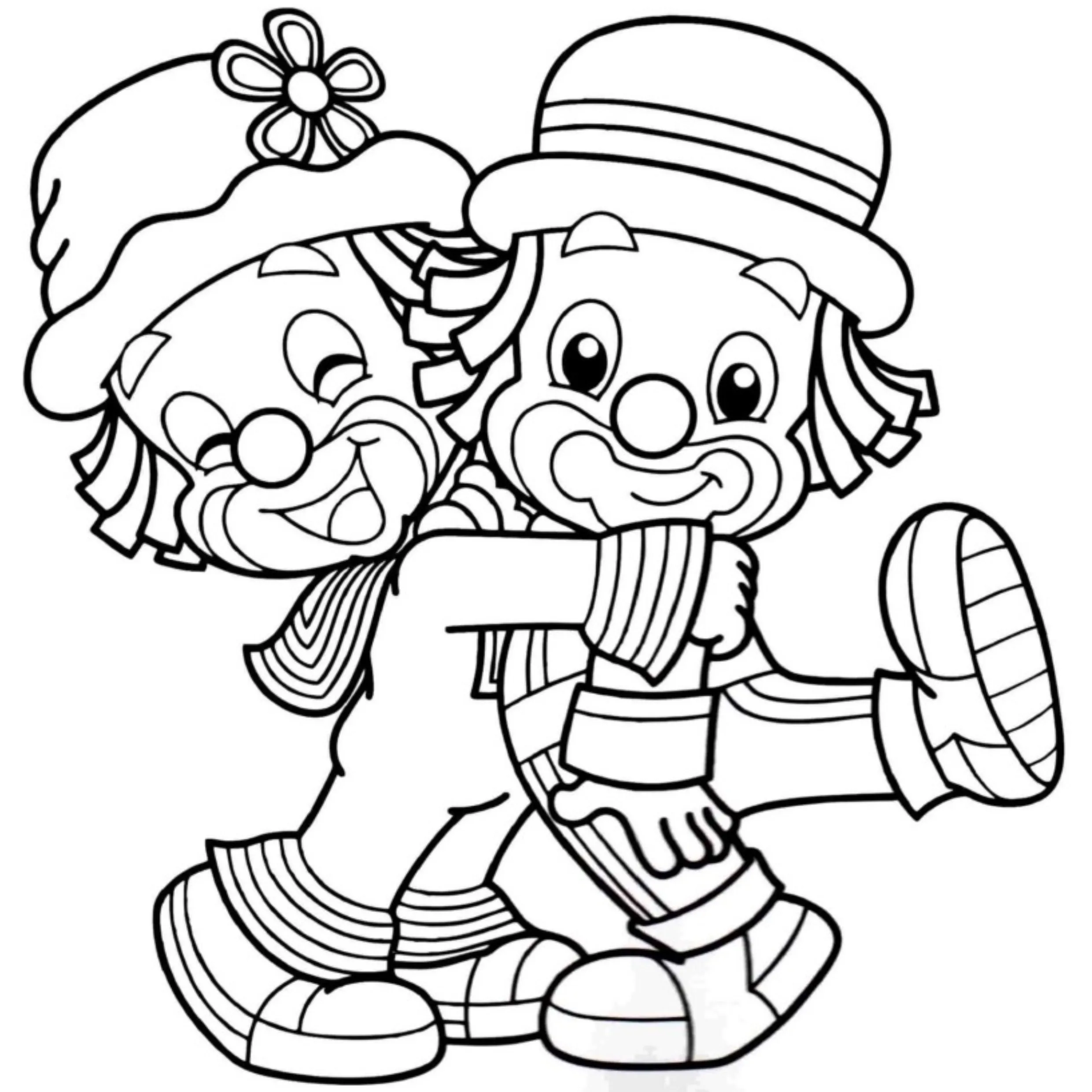 Desenho de contorno de dois palhaços crianças se abraçando, um usando chapéu com flor e o outro usando chapéu coco, ambos com roupas listradas.
