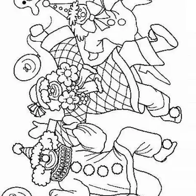 Desenho de contorno de três palhaços em poses de dança, usando chapéus de cone, golas bufantes e segurando balões com rostinhos felizes.