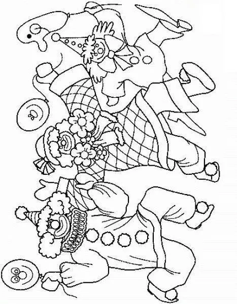 Desenho de contorno de três palhaços em poses de dança, usando chapéus de cone, golas bufantes e segurando balões com rostinhos felizes.