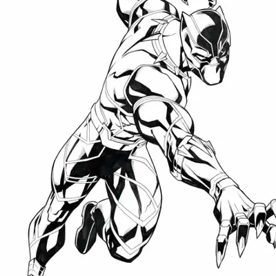 Desenho de contorno do Pantera Negra em posição de ataque, agachado com uma mão no chão e a outra erguida, mostrando garras afiadas e detalhes de sombras.