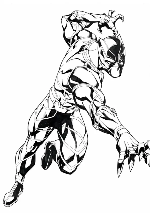 Desenho de contorno do Pantera Negra em posição de ataque, agachado com uma mão no chão e a outra erguida, mostrando garras afiadas e detalhes de sombras.