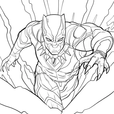 Desenho de contorno do Pantera Negra avançando em pose de ataque com garras expostas, cercado por raios de energia de vibranium que saem do chão.