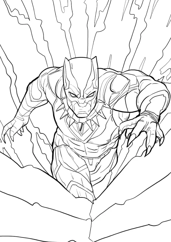 Desenho de contorno do Pantera Negra avançando em pose de ataque com garras expostas, cercado por raios de energia de vibranium que saem do chão.