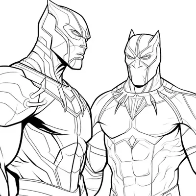 Desenho de contorno de dois heróis Pantera Negra em pé lado a lado; um de perfil exibindo o capacete detalhado e outro de frente mostrando a musculatura da armadura.