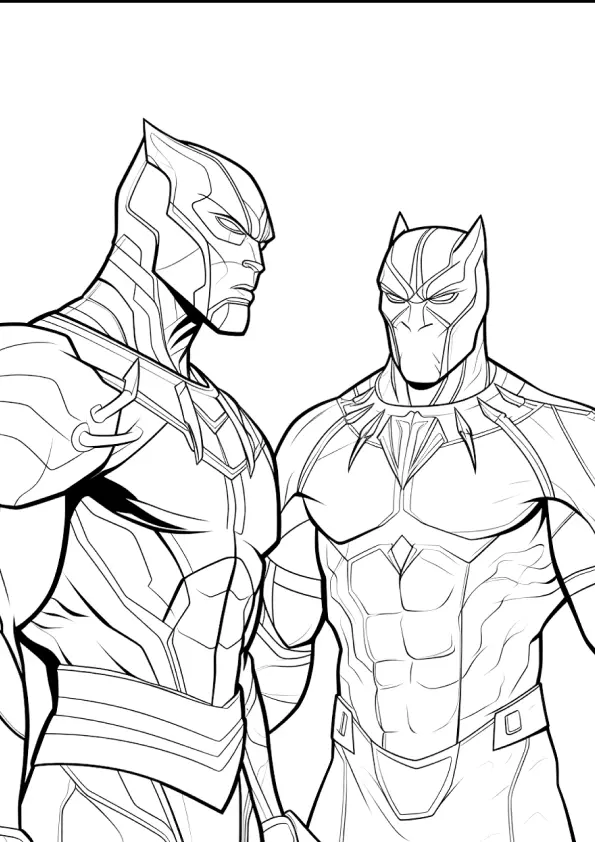 Desenho de contorno de dois heróis Pantera Negra em pé lado a lado; um de perfil exibindo o capacete detalhado e outro de frente mostrando a musculatura da armadura.