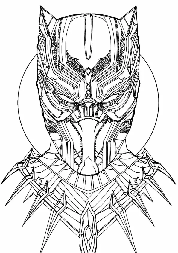 Desenho de contorno detalhado da máscara do Pantera Negra com padrões geométricos tribais e colar de garras afiadas à frente de um círculo.