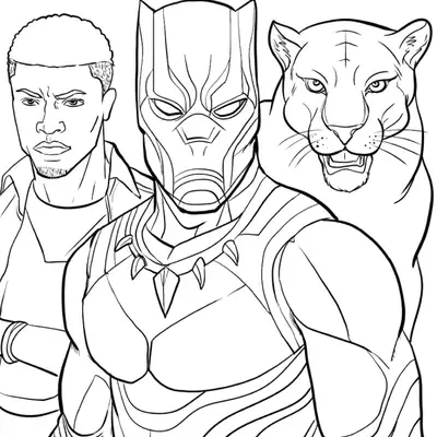 Desenho de contorno mostrando o Pantera Negra em destaque, com o rosto de T'Challa à esquerda e uma pantera real rosnando à direita.