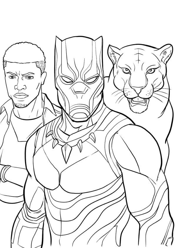 Desenho de contorno mostrando o Pantera Negra em destaque, com o rosto de T'Challa à esquerda e uma pantera real rosnando à direita.