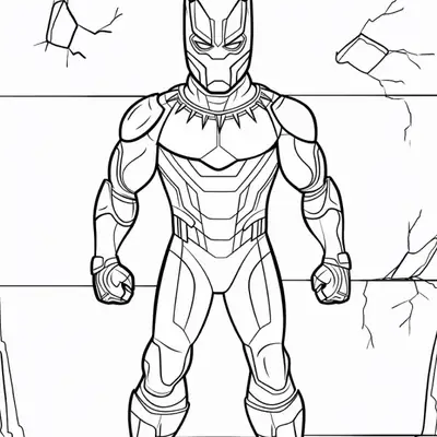 Desenho de contorno do Pantera Negra em pé, em posição frontal, com punhos fechados, usando sua armadura detalhada à frente de uma parede com rachaduras.