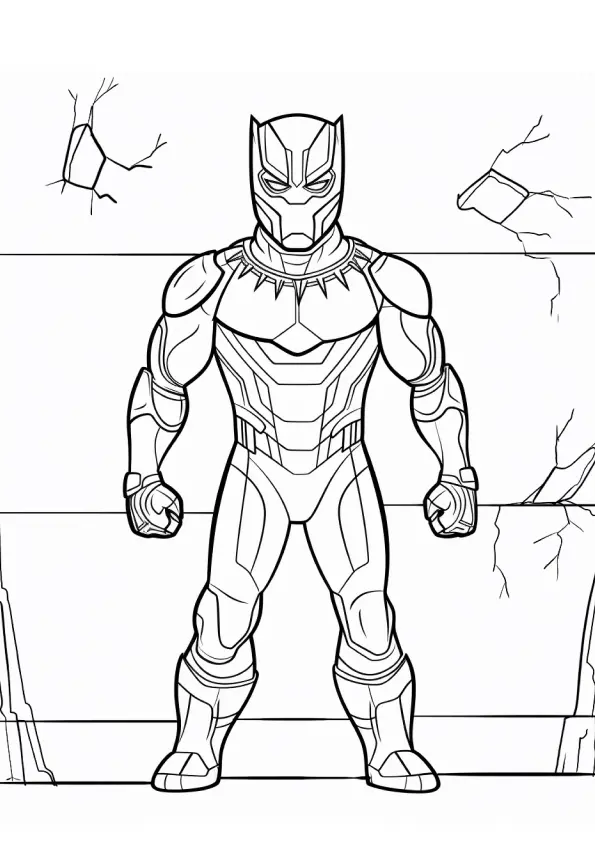Desenho de contorno do Pantera Negra em pé, em posição frontal, com punhos fechados, usando sua armadura detalhada à frente de uma parede com rachaduras.