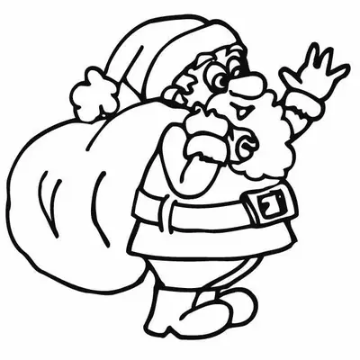 Desenho de contorno do Papai Noel de perfil, carregando um saco de presentes nas costas e acenando com a mão direita, estilo cartoon.