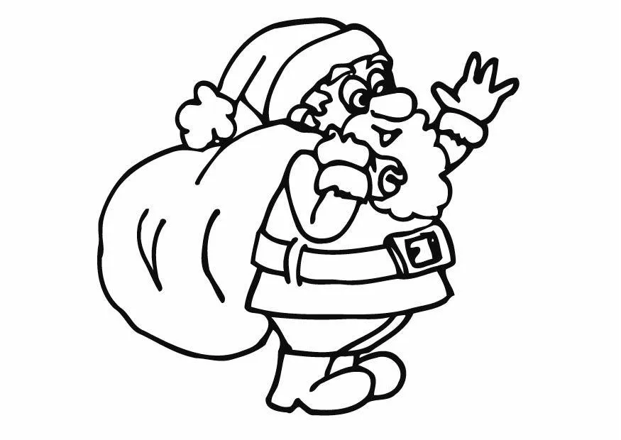 Desenho de contorno do Papai Noel de perfil, carregando um saco de presentes nas costas e acenando com a mão direita, estilo cartoon.