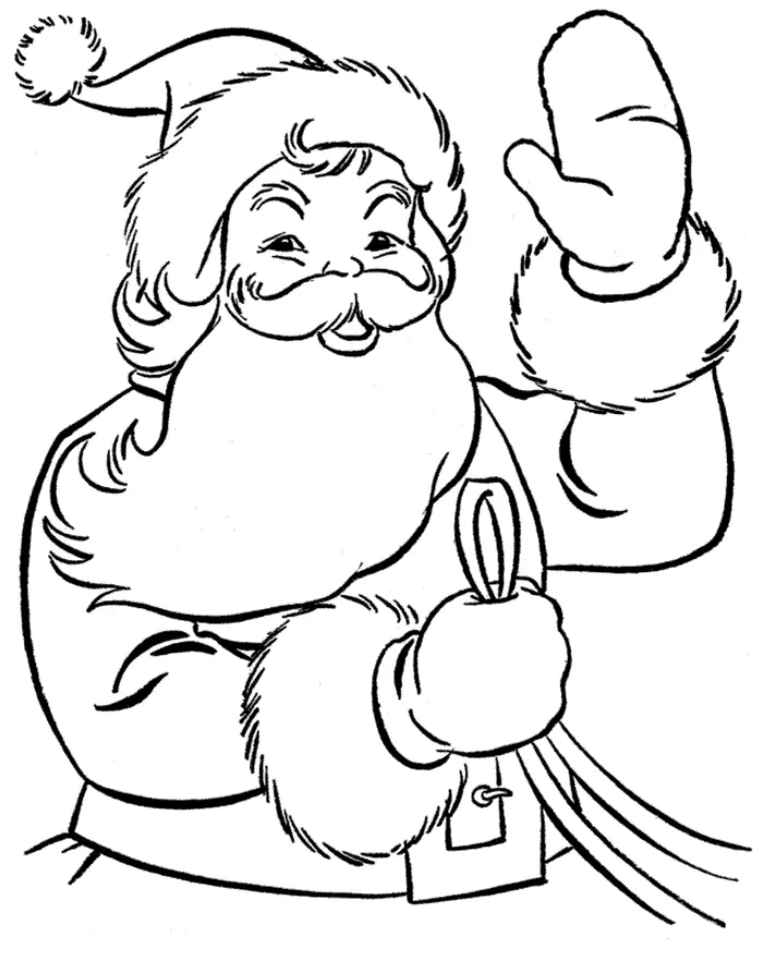 Desenho de contorno do Papai Noel da cintura para cima, acenando com a mão esquerda e segurando as cordas do saco de presentes com a mão direita.